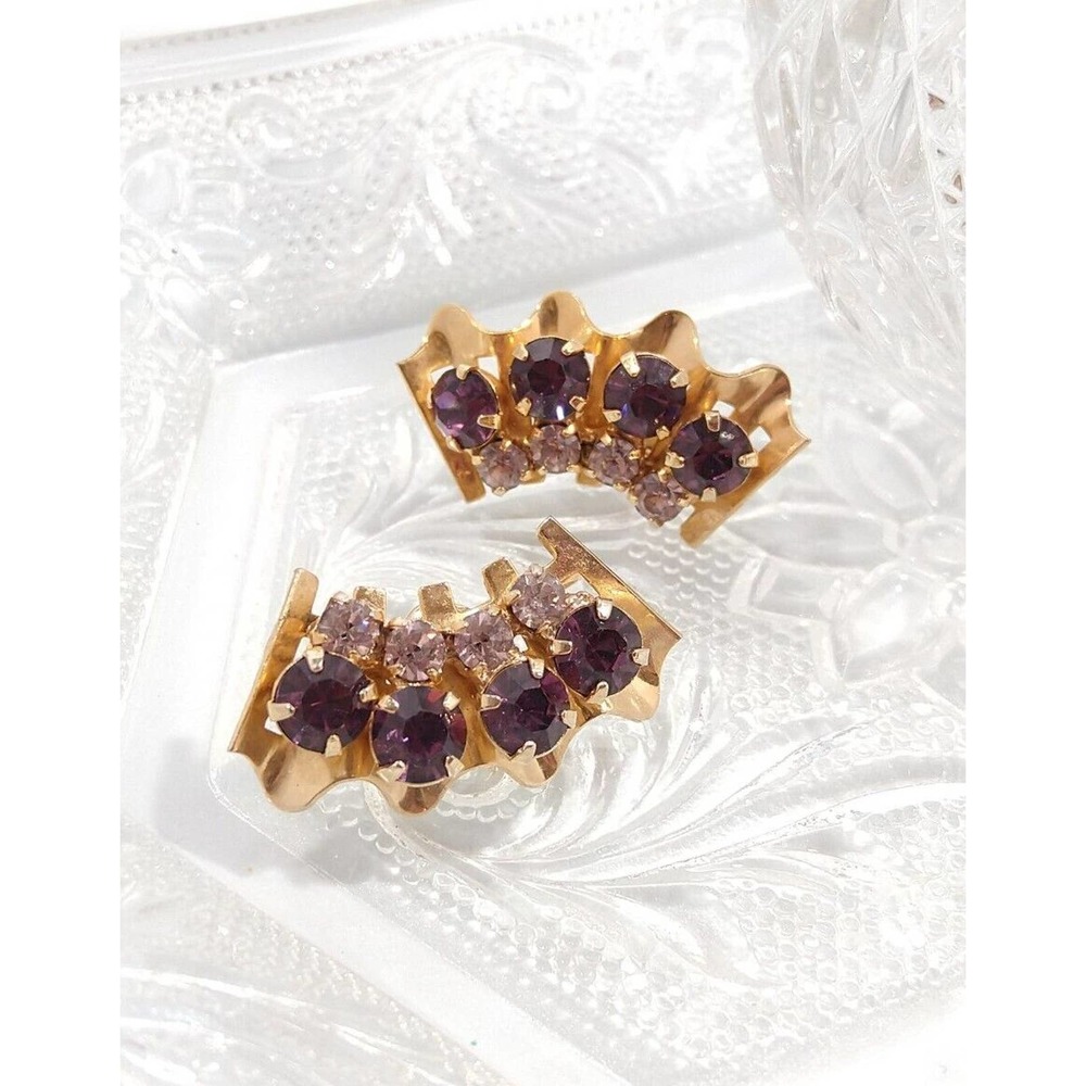 80's Vintage Gold Tone Lavender Rhinestone Filigree Ruffle Clip on Earrings